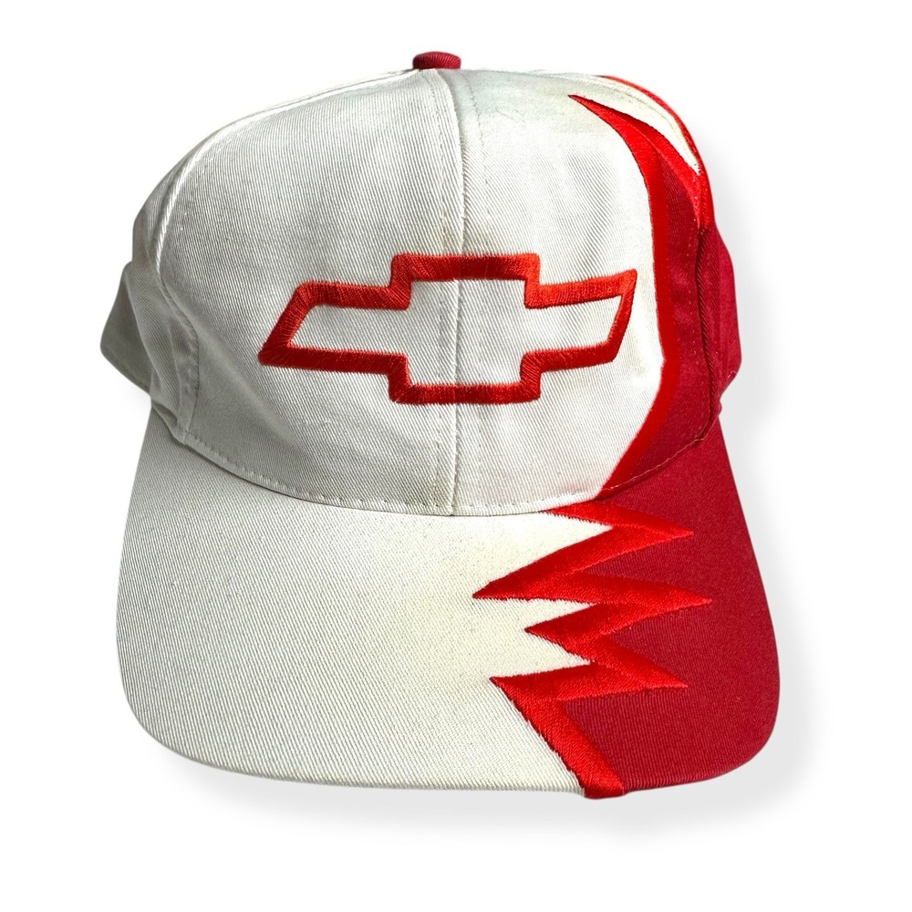 VINTAGE Chevrolet Hat Cap StrapBack White Red Embroidered‎ Racing Mens 90s